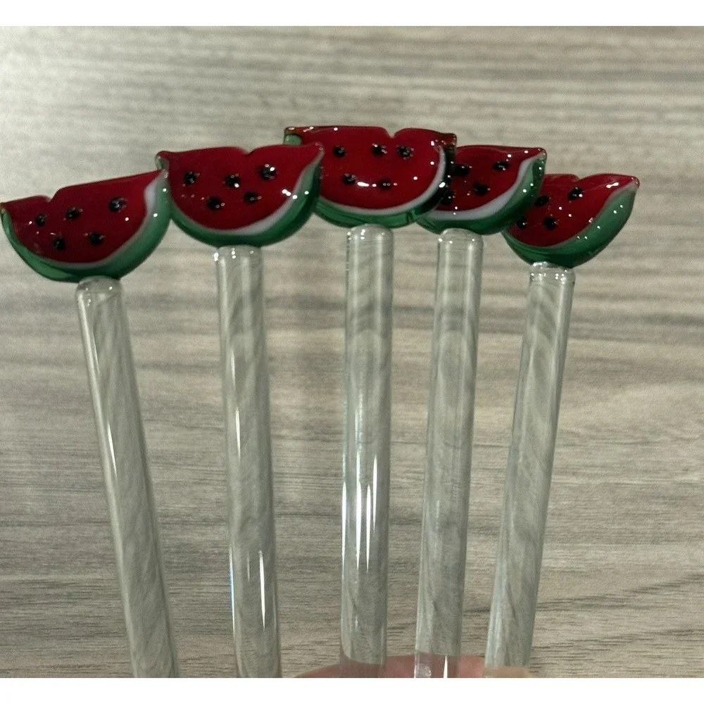 Hand Blown Glass‎ Watermelon Fruit Barware Swizzle Stir Sticks Set Lot of 5